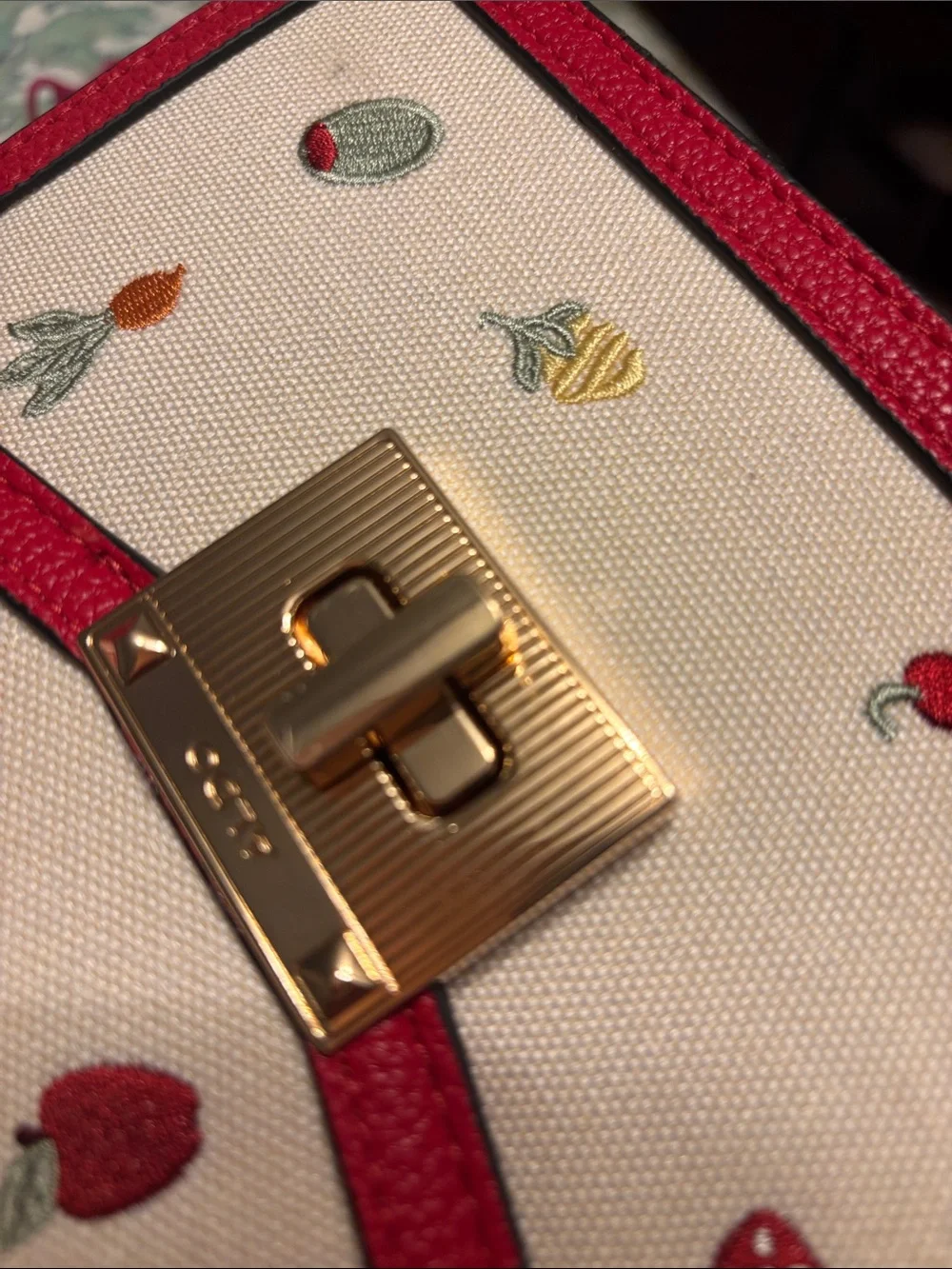 ALDO Red & Cream Fruit Embroidered Top-Handle Satchel Bag with Gingham Scarf/Bow